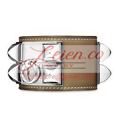 Hermes Taupe Leather Collier De Chien Bracelet With White Gold Plated Clasp & Hardware