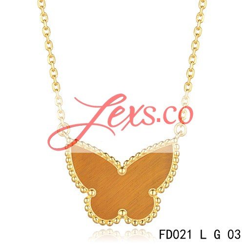 Van Cleef Arpels Replica Lucky Alhambra Tiger's Eye Butterfly Necklace Yellow Gold