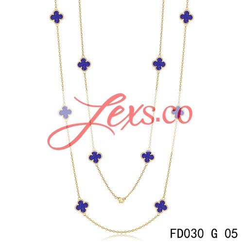 Van Cleef & Arpels Vintage Alhambra 10 Motifs Fake Lapis Lazuli Long Necklace Yellow Gold