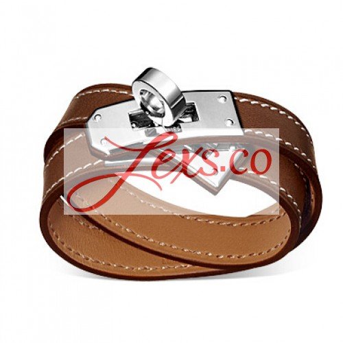 Hermes Kelly Double Tour Fake Brown Leather Bracelet White Gold-Plated Clasp