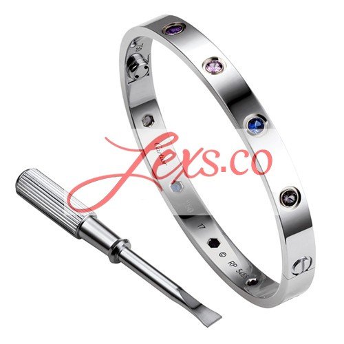 Cartier Love Bracelet Replica White Gold Plated Real Aquamarine Sapphire Spinel Amethyst Diamonds