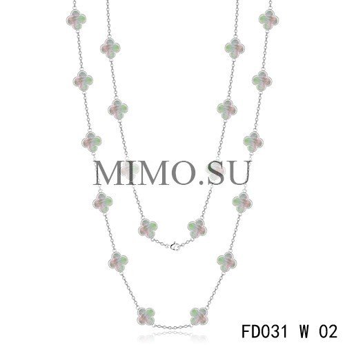 Van Cleef Arpels Vintage Alhambra White Gold Long Necklace 20 Motifs Grey Mother-Of-Pearl